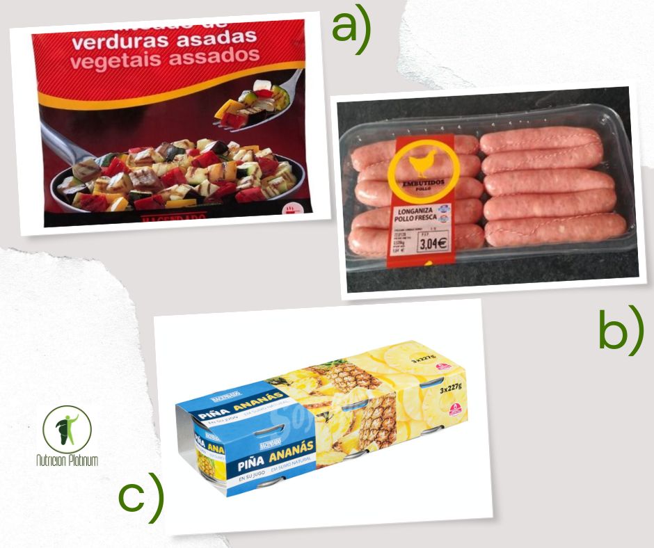 Salteado de verduras asadas con salchichas de pollo y 1 lata de piña en su jugo.